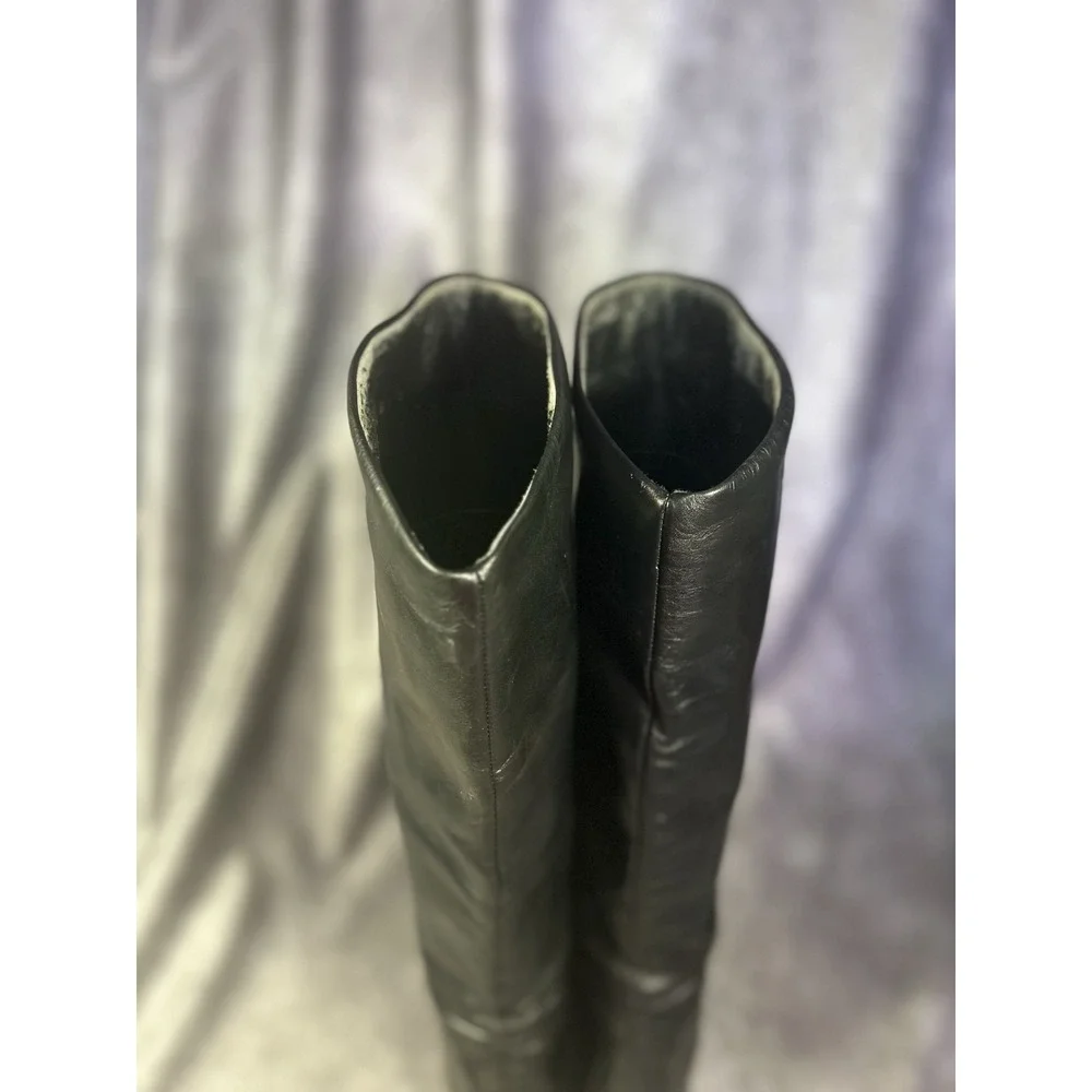 Italian Made Leather Knee High Riding Boots Women's 9B Black Pull On Ruched